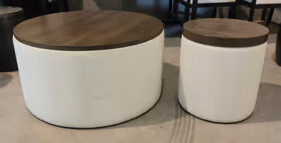 Set of 2 round coffee and end table. White with solid wood top. $150 for the set 36" round x 19" hig...
