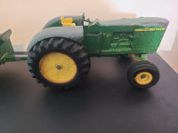 Vintage metal toy John Deer tractor & seeder trailer 