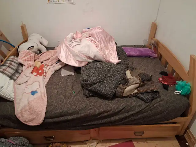 bunk bed queen bottom with two drawers, single top in Beds & Mattresses in Strathcona County - Image 2