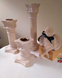 Vintage 3 Greek Columns Candle holders & Angel