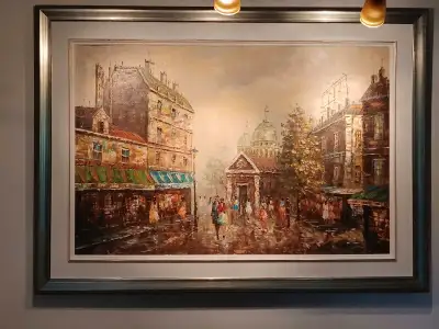 Grande peinture à l'huile sur toile ( signée P.G.T. ? ) + cadre, View more
