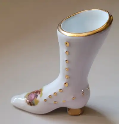 Vintage Limoges France Miniature White & Gold Porcelain Boot, View more