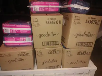 5 boxes of unopened 11pk L 4/11s goodnites diapers for girls and 6 individual packs Individual packs...