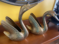 Vintage Two Large Solid Brass Swan Geese Decorative Planter Pot