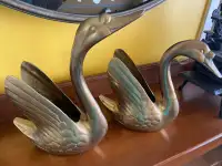 Vintage Two Large Solid Brass Swan Geese Decorative Planter Pot