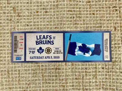 The Toronto Maple Leafs - Vintage Ticket - Leafs vs Bruins - (c) Saturday April 3, 2010 Condition -...