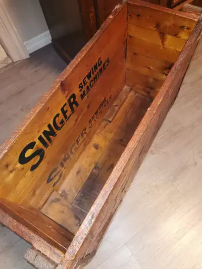 Antique singer sewing machine crate. 32.5" long x 11.5" wide x 32" x21" deep. Wear and tear as expec...