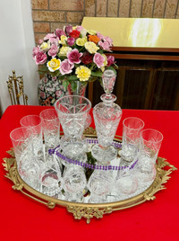 Vintage 1980s Pinwheel Crystal 11 glasses, 1 flower vase & liquo