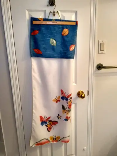 Bright and colourful single panel bathroom curtain, pocket rod, measures 29 inches wide by 43 inches...
