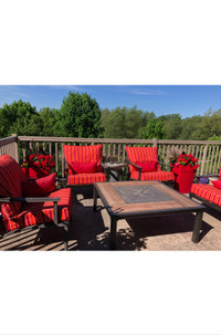 Patio Furniture conversation set with fire table