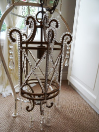 CHANDELIER antique GLASS BEADED CAGE with CRYSTAL LUSTERS PRISMS