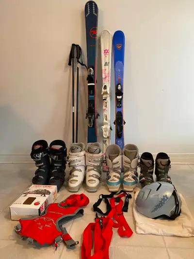 DOWNHILL SKIS, BOOTS, POLES, KIDS SKI HARNESS, HELMET, View more
