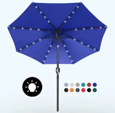 Patio Umbrella with 32 Solar LED Lights -8 Ribs (11ft, Blue)