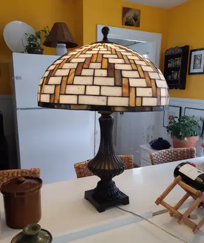 Excellent condition. Handmade shade is 20" in diameter. 29"H. Heavy base. Price is firm.
