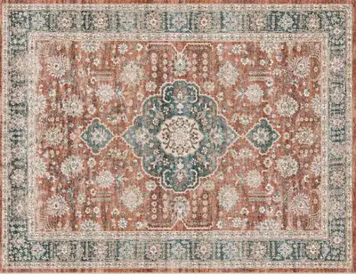 New Staged Area Rug: Persian-Inspired Pattern, Terracotta & Teal, View more
