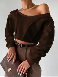 Women’s Chocolate Brown Drop Shoulder Crop Sweatshirt