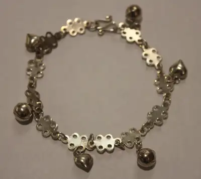 925 Sterling Silver Charm Bracelet with Hearts and Bells, View more