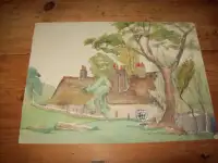 Antique original English watercolor of a cottage