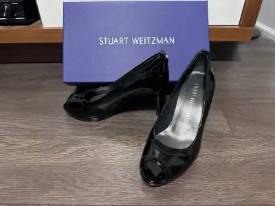 Stuart Weitzman Black Patent Leather Peep-Toe Heels size 4, View more