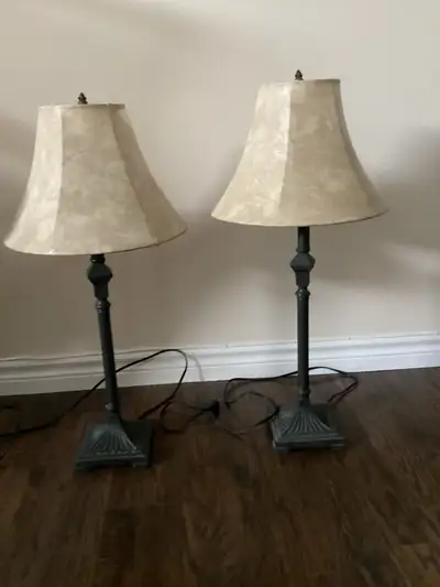 2 Matching Lamps- Beige shade with black rod 29 1/2 inch tall, View more