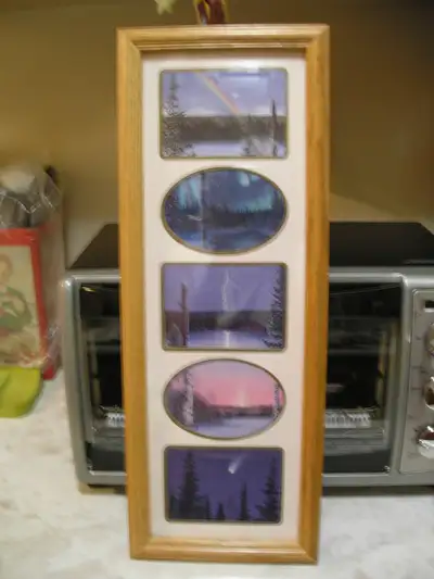 Glen Scrimshaw Pictures in light brown Wooden Frame for sale - 5 different pictures - 19 inches long...