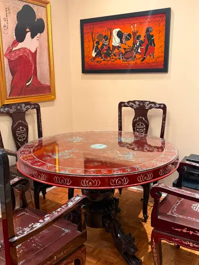 Chinese Rosewood Dining Table & Chairs Mother of Pearl Inlay, View more