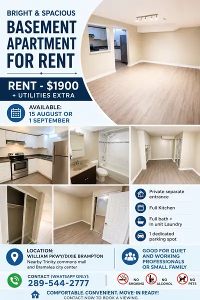 Rental Bright, spacious, unfinished 2-bedroom, 1-bathroom legal basement apartment with a private li...