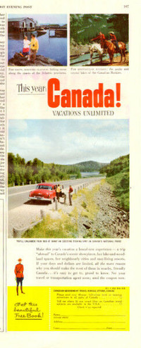 Authentic 1954 half-page ad for Canadian Travel Bureau