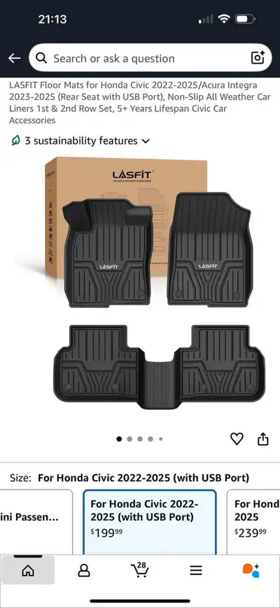 LASFIT Floor Mats for Honda Civic 2022–2025 (with USB Port) , View more
