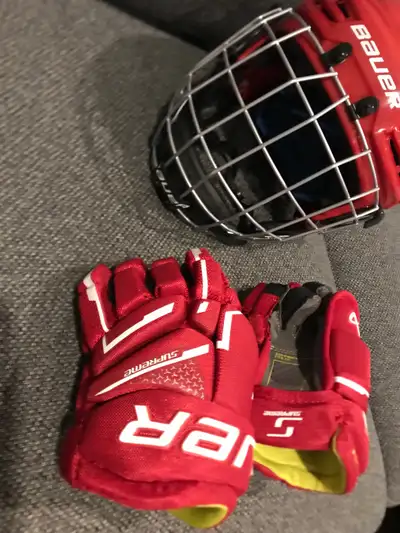 Brand new red Bauer hockey helmet & gloves, View more