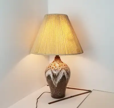 Chalvignac mid-century modern (mcm) vintage table lamp 27” H with brown-beige foamy look drip glaze...