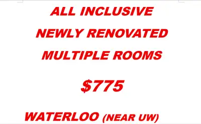 FURNISHED multiple rooms for rent in WATERLOO. The rental rooms are in a detached house, close to T...