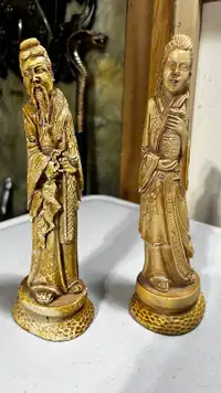 Vintage Asian couple Man and Woman Figurines Carved 8 inch Statu