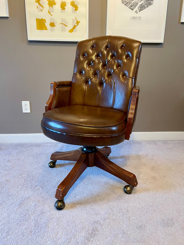 Vintage Office Desk Chair - brown leather and solid wood  in Chairs & Recliners in Edmonton