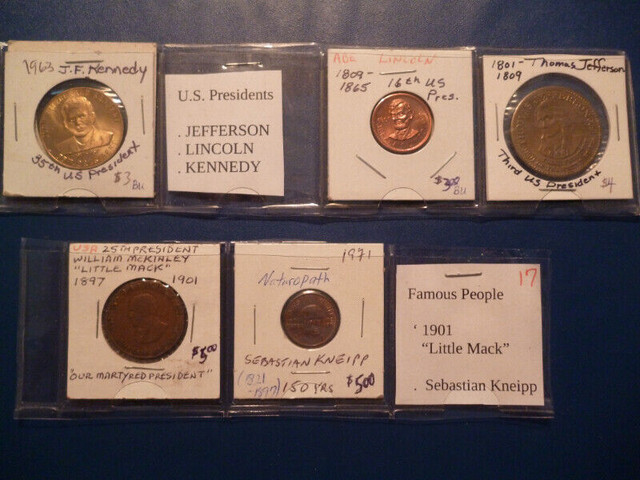U.S. President tokens x 4 JFK Lincoln Jefferson McKinley + 1 dans Art et objets de collection  à Peterborough