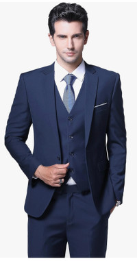 Men's tuxedo set navy blue, tie, white dress shirt. Small/medium