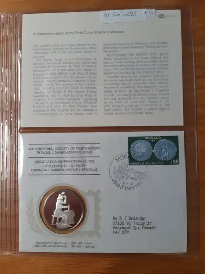 648 1stcoin-023 - First coins struck in monaco 1976 Franklin Mint International Society of Postmaste...
