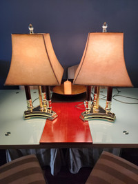 Brass, Wood and Leather Shades 3 Stage Table Lamps 25in Tall