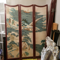 WOODEN HAND PAINTED ORIENTAL PRINT 3 PANEL ROOM DIVIDER PIER 1