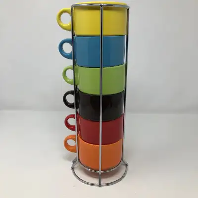 Each mug is 2” tall and 3 1/2” across. Overall in the stand they measure 12 1/2” tall. All in excell...