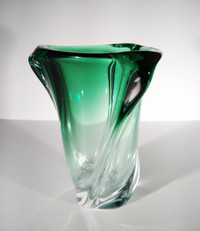 Val Saint Lambert Green Crystal Vase - Vintage - Belgium