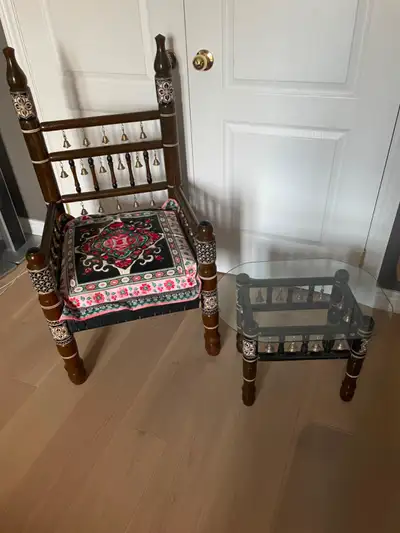 Decorative wooden chair + matching glass side table, View more