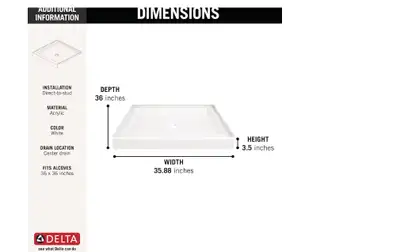 Delta 36 In. X 36 In. Alcove Shower Pan Base W/ Center Drain (Hi, View more