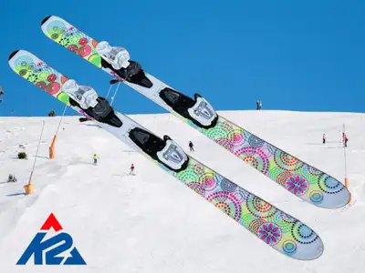 112cm K2 Luv Bug Junior Skis for Sale. Nice partial twin tip skis with adjustable Marker 4.5 Fastrac...