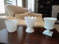 3 Milk Glass 6"x 4.5" Dia. Vases, Hobnail, Wing Tip &Scalloped