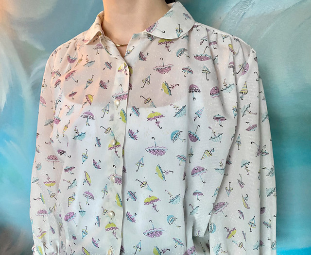 Tailored Vintage Blouse White Umbrellas Pattern Top Button Up in Women's - Tops & Outerwear in Calgary