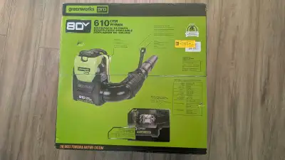 Greenworks Pro backpack blower. 610 CFM strength blows at 180 MPH. 35 minute run time. PRO rating ru...