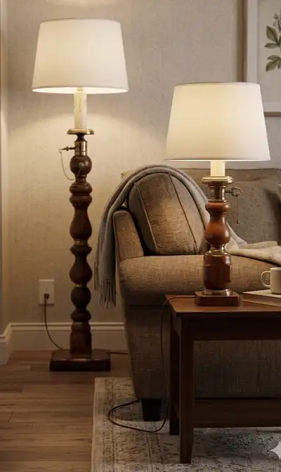 This elegant set of a vintage wood floor lamp and a matching table lamp, both in good condition, off...