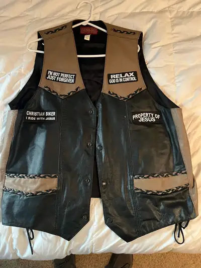 Christian sewed in decals on genuine leather vest. If you’re a Christian rider show your faith to ma...