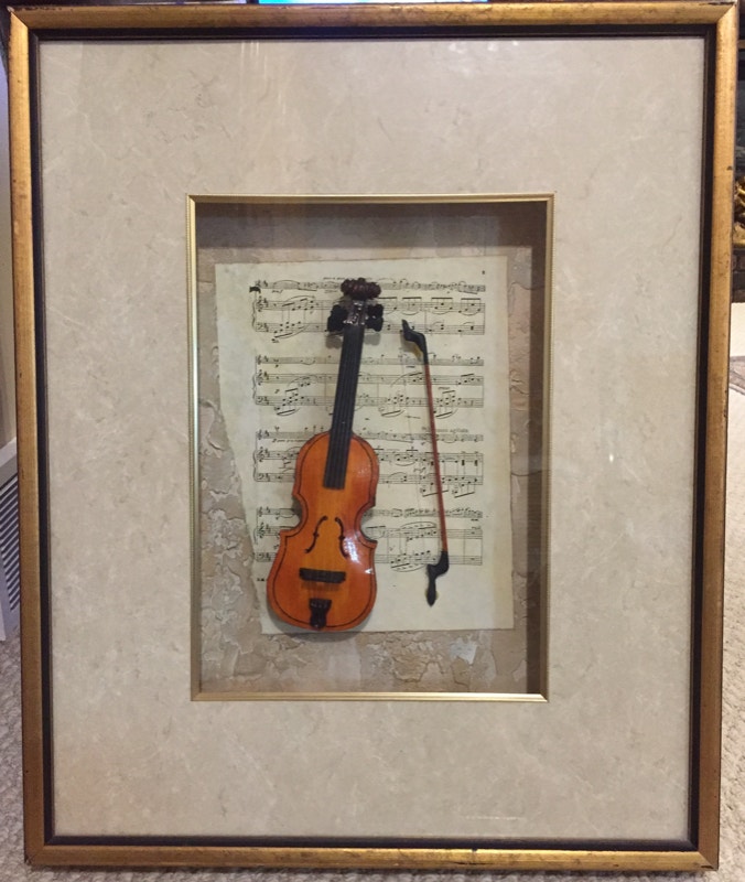 Vintage 3D Decorative violin on music sheets in a shadow box Arts